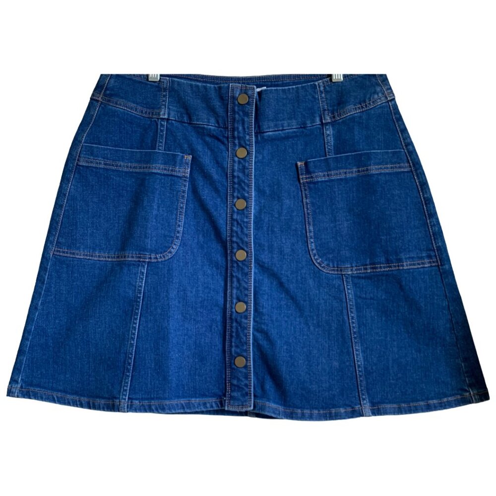 BODEN Womens' Dark Wash Denim Jean A-Line Snap Button Mini Skirt Size 14 - Picture 2 of 6